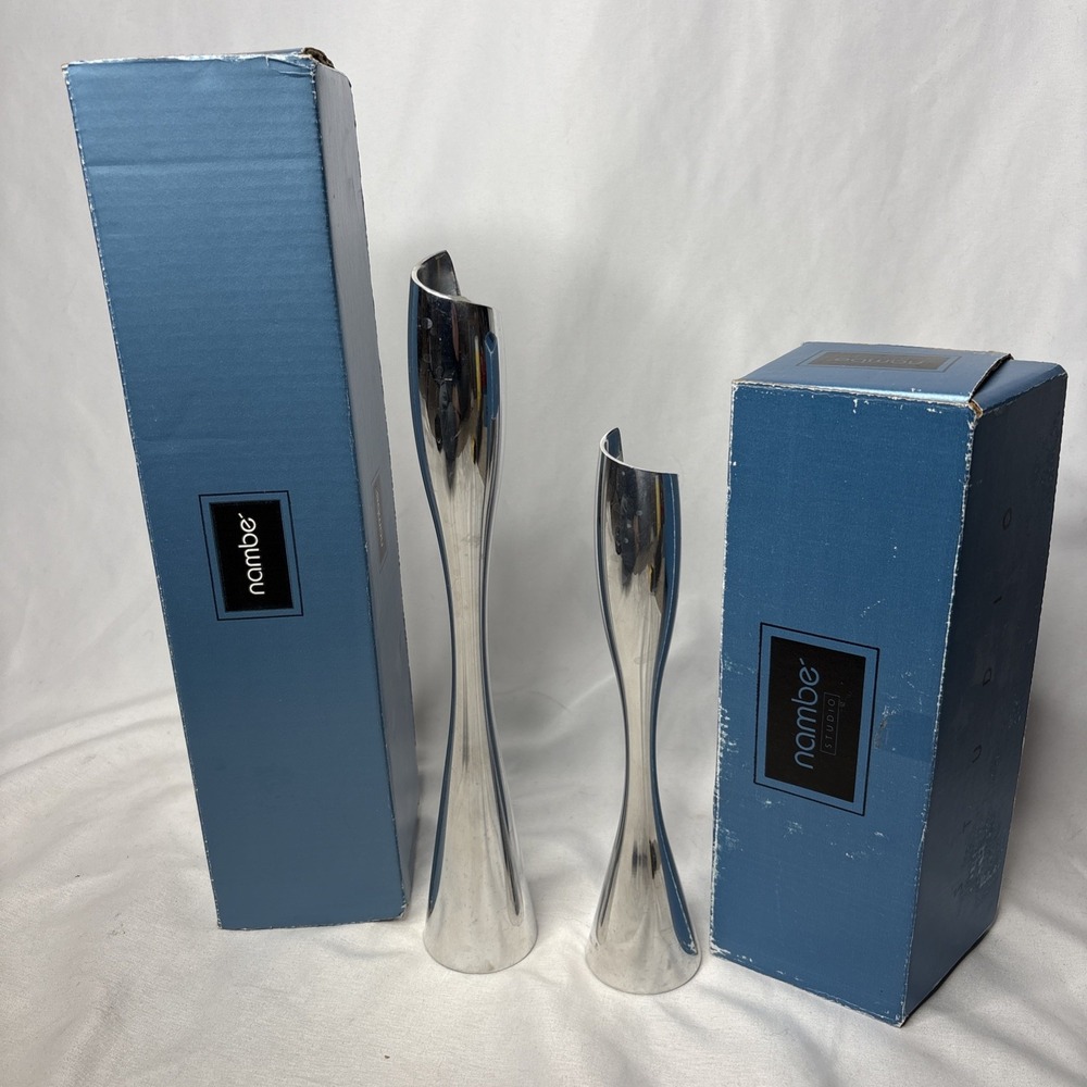 Vtg Nambe 2000 Spiral Candlestick Holders 9" #6202 11.5" #6203 Set Of 2 W/box